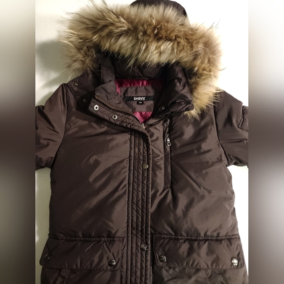 DKNY Down Puffer Trench Parka Trench Fur Trim Brown Womens Size XSmall Winter - Picture 2 of 16